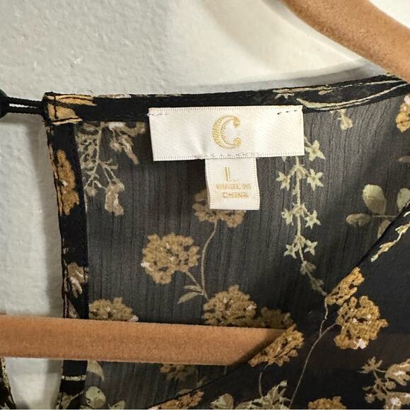 Charming Charlie Ditsy Dark Floral Flutter Sleeve Dress Black Tan Women Large - Picture 3 of 8